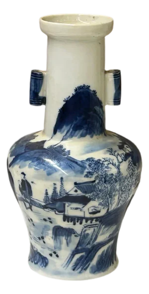 Oriental Small Blue White Scenery Graphic Porcelain Art Vase