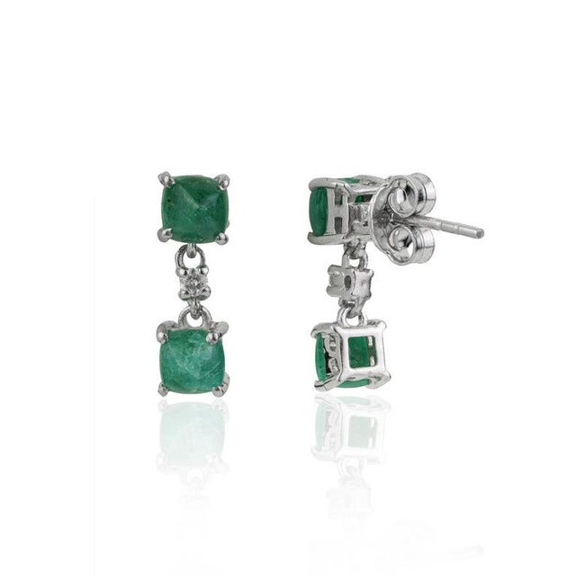 Gemstone Elegant Emerald and Diamond Dangle Drop Earrings in Sterling Silver, A Pair For Sale - Image 7 of 11