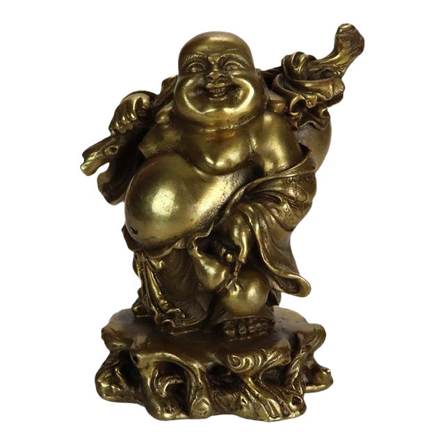 Cast Brass Laughing or Travelling Buddha Figurine C1900 For Sale