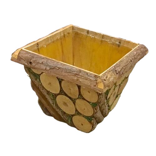 Rustic wood cachepot fashioned with a miniature log design. No maker''s marks.