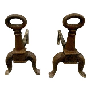 Antique Rustic Cast Iron Fireplace Andirons—A Pair For Sale
