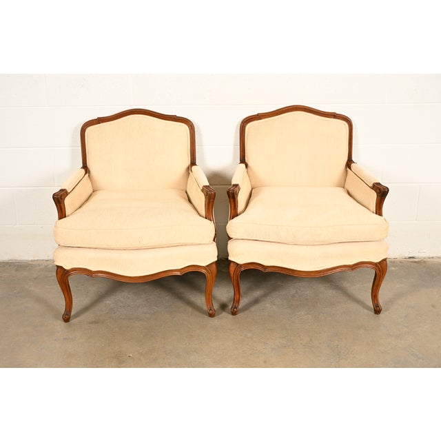 Baker Furniture Company Baker Furniture French Provincial Louis XV Carved Fruitwood Bergère Chairs, Pair For Sale - Image 4 of 14