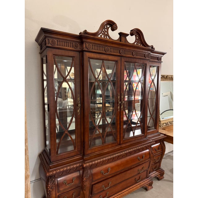 Federal Style Carved Mahogany Lighted Breakfront China Cabinet For Sale - Image 9 of 12