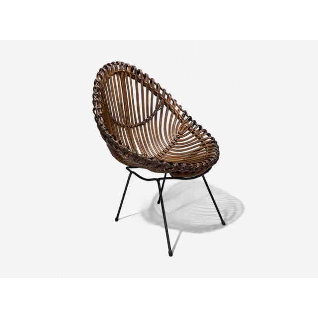 Italian Modern, Metal, Bamboo, Rattan, Scoop Lounge Chair, Italy, 1950s A modernist metal, bamboo and rattan scoop lounge...