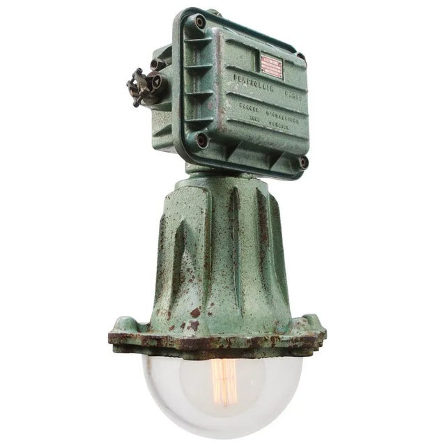 1960s Vintage French Industrial Green Cast Iron and Clear Glass Pendant Lamp from Perfeclair, 1967 For Sale - Image 5 of 5
