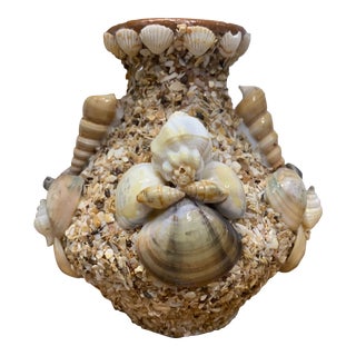 Mid 20th Century Handmade Terra Cotta Vase Encrusted With Whole & Crushed Sea Shells For Sale