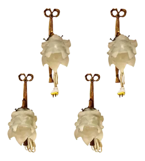 Group of Four Louis XVI Style Bronze Sconces With Lalique Style Shades