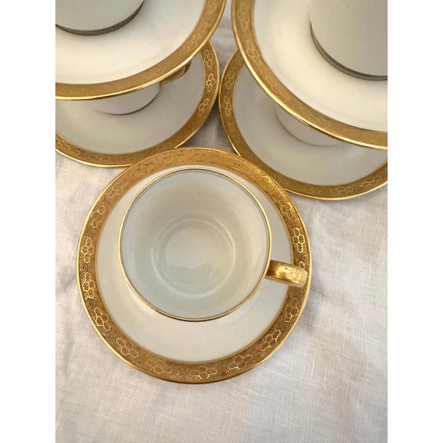 Rustic European Vintage C.Ahrenfeldt Limoges 24kt Gold Rim Set of 5 Demitasse Cup/Saucer Set - 10 pcs For Sale - Image 3 of 7