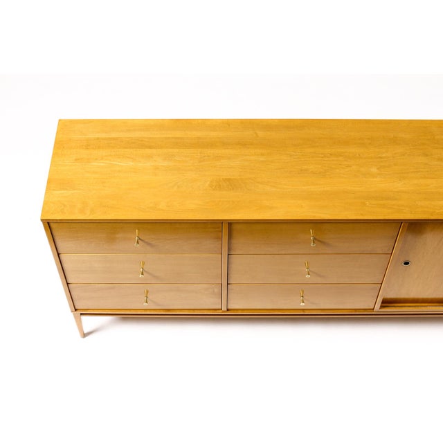 Brass 1950s Attributed to Paul McCobb Planner Group Maple Low Dresser — 6 Drawer + Sliding Doors For Sale - Image 8 of 9