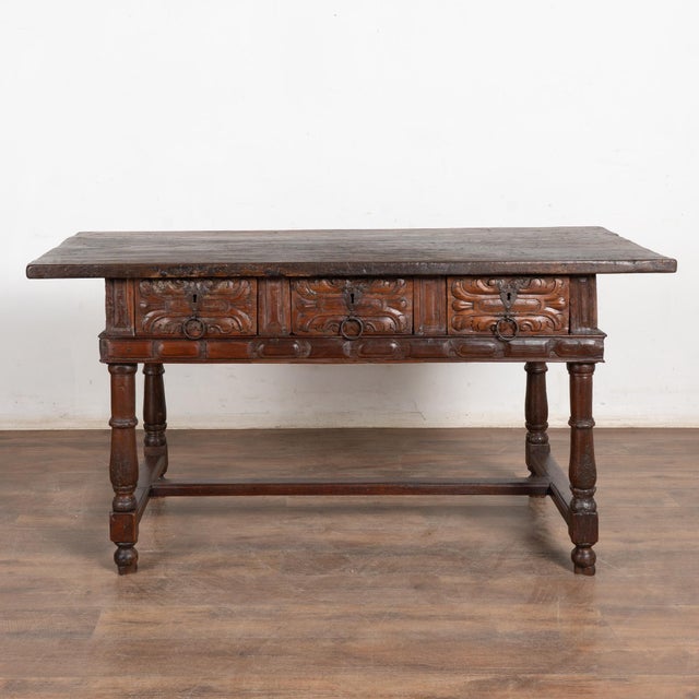 Spanish Revival 17th Century Spanish Oak Console Table With Three Drawers For Sale - Image 3 of 16