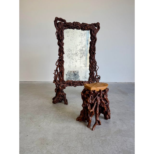 Rustic Vintage Freestanding Floor Mirror in Sculpted Tree Root Burl Frame With Stool For Sale - Image 3 of 12