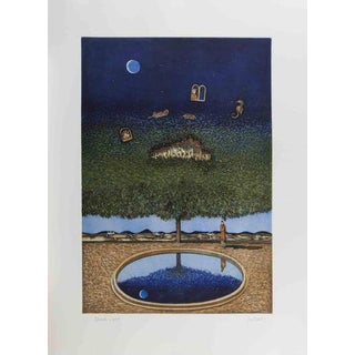 Franco Fortunato, Dreamlike Landscape with Tree, Moon\., 1990s, Lithograph For Sale
