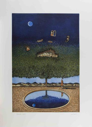 Franco Fortunato, Dreamlike Landscape with Tree, Moon\., 1990s, Lithograph