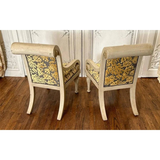 Incredible Antique Italian Painted Rollback Scroll Armchairs in Modern Upholstery - a Pair For Sale - Image 4 of 11