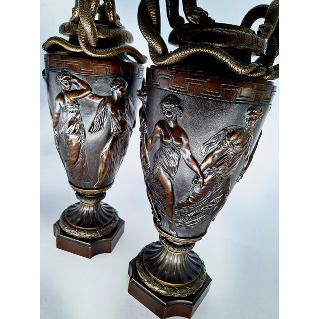 Neoclassical Pair of Late 19th-Century Bronze Lidded Urns For Sale - Image 3 of 8
