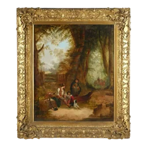 “Forest Path,” Large Oil on Canvas English Landscape Painting, Mid-19th Century