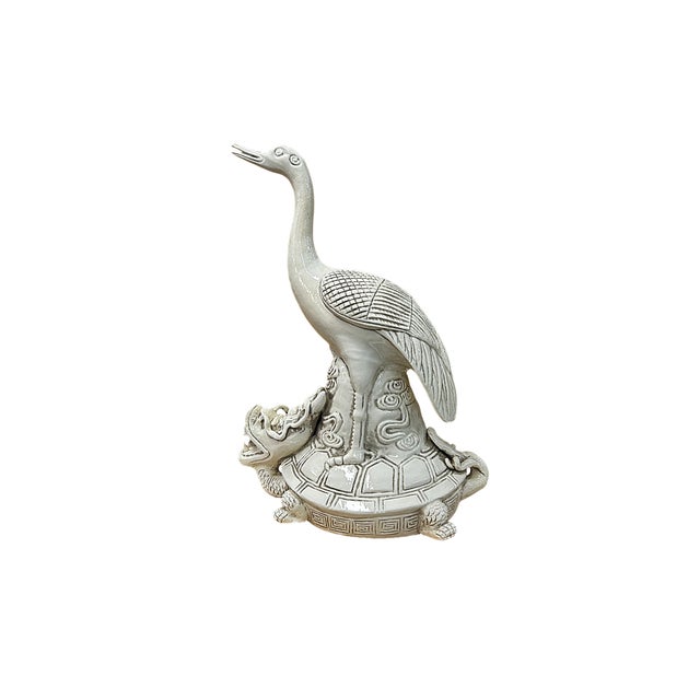 Vintage Off White Porcelain Crane on Dragon Turtle Fengshui Figure For Sale - Image 10 of 11