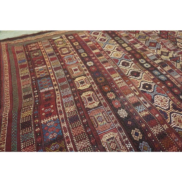 Fantastic Claret Ground Color Distinctive Figures Geometric Design Caucasian Silk & Wool Verneh Flat-Weave Rug For Sale - Image 10 of 14