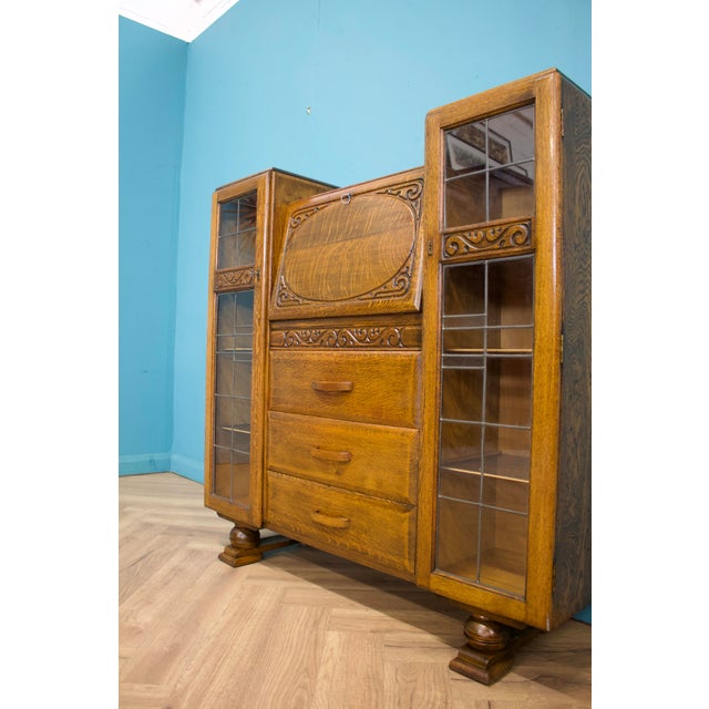 Wood Vintage Art Deco Glazed Oak Bookcase, 1930s For Sale - Image 7 of 11
