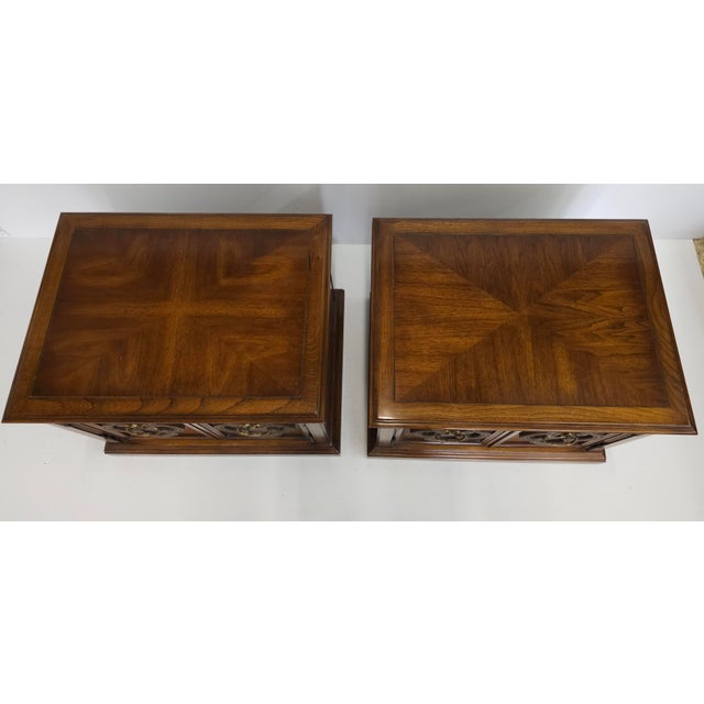 Pair of Renaissance Revival Style Walnut Bookmatched Bedside Tables For Sale In Washington DC - Image 6 of 12