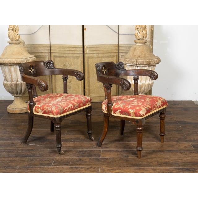 Pair of 19th Century English Regency Style Carved Oak Klismos Chairs with Horseshoe Backs For Sale - Image 10 of 12