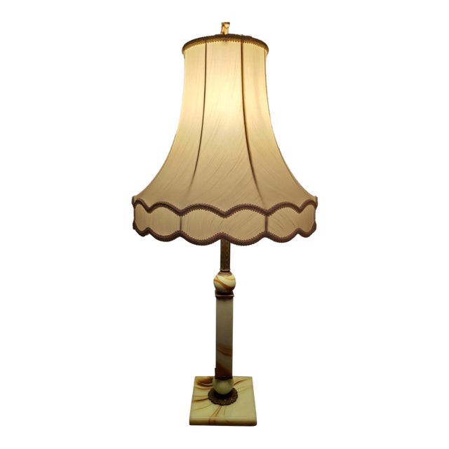 1950s Hand-Carved From Pure Italian Marble & Onyx Table Lamp W/ Original Shade For Sale