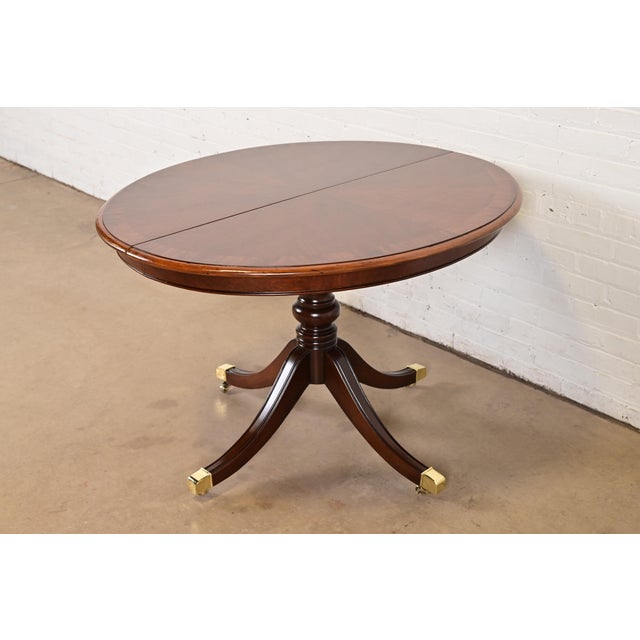 English Baker Furniture Style Georgian Banded Mahogany Pedestal Extension Dining Table, Newly Refinished For Sale - Image 3 of 11