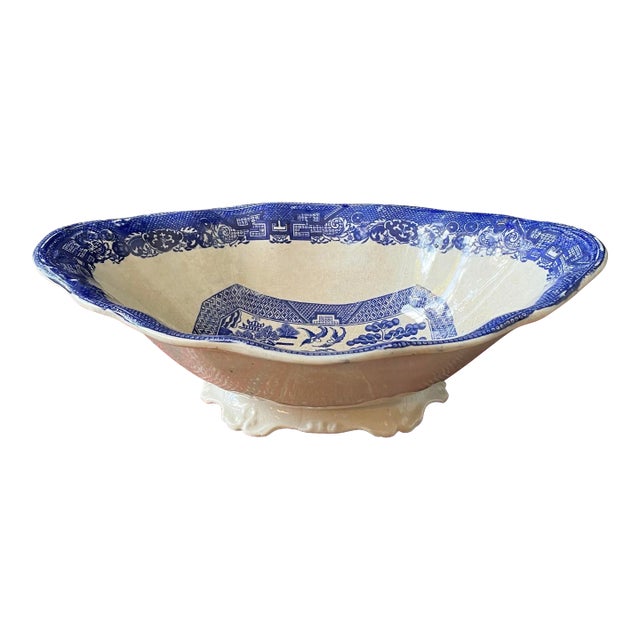 Antique English Blue Willow Transferware Oval Footed Serving Dish For Sale