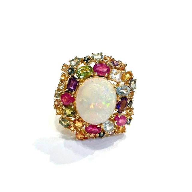 Metal Bochic “Orient” Opal, Ruby & Sapphire Ring, Set 18K Yellow Gold & Silver For Sale - Image 7 of 12