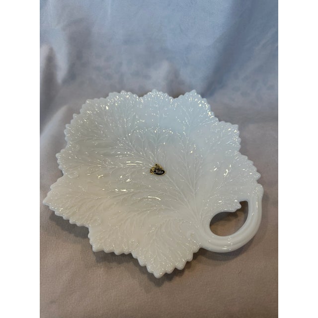 Fenton Art Glass Company Fenton Milk Glass Handled Leaf Platter For Sale - Image 4 of 8