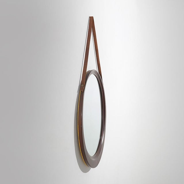 1960s Round Wall Mirror with Leather Strap, 1960s For Sale - Image 5 of 14