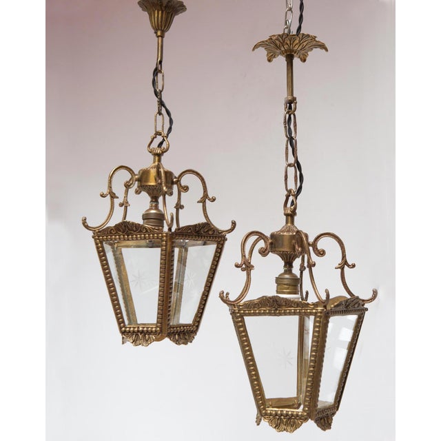 Vintage Spanish Bronze and Glass Lanterns, 1940s, Set of 2 For Sale - Image 3 of 7
