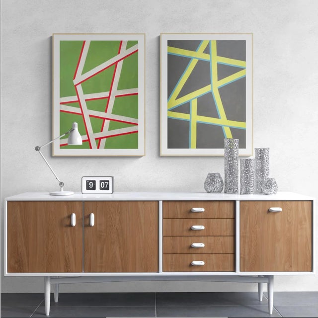 Mid-Century Modern Contemporary Geometric Painting With Green and Red For Sale - Image 3 of 4