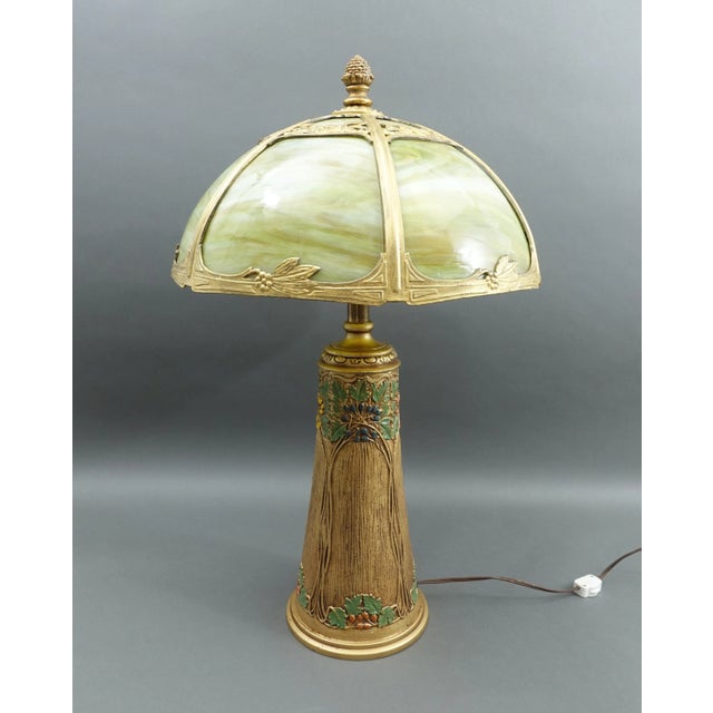 Bradley Hubbard Early 20th Century Bradley & Hubbard Antique Hand Painted Gold Gilt Slag Glass Table Lamp For Sale - Image 4 of 11