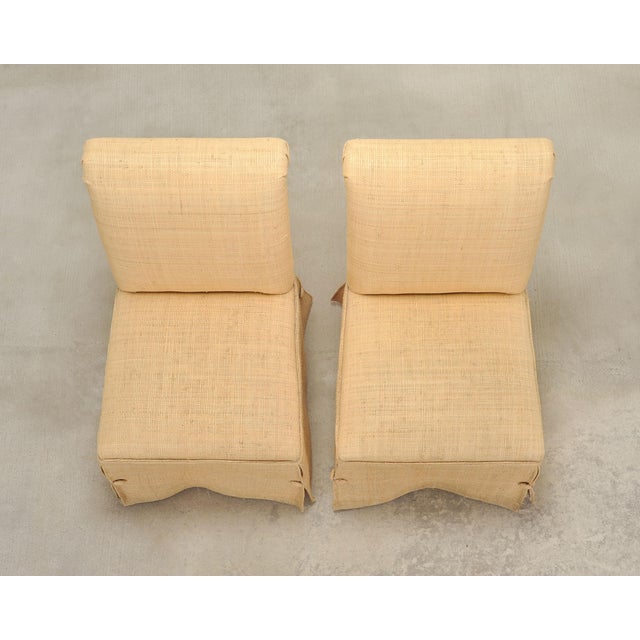 Late 20th Century Pair of Skirted Scroll-Back Woven Raffia Slipper Chairs For Sale - Image 5 of 18