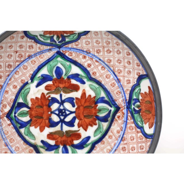 Vintage Hand-Painted Japanese Porcelain and Pewter Bowl For Sale - Image 4 of 7