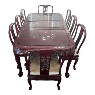 Vintage Mother of Pearl and Solid Rosewood Inlaid Asian Chinoiserie Dining Set for 8 People, (10 Pieces Table and Chairs) For Sale