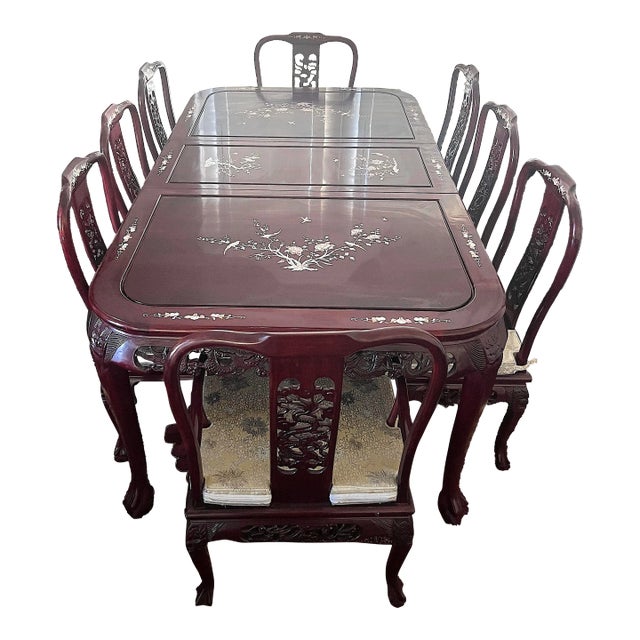 Vintage Mother of Pearl and Solid Rosewood Inlaid Asian Chinoiserie Dining Set for 8 People, (10 Pieces Table and Chairs) For Sale