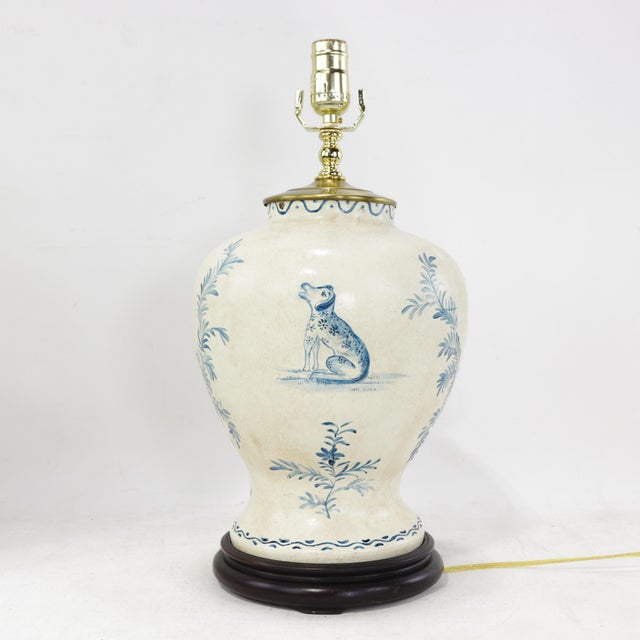 Pair of Vintage Hand Painted Blue and Cream Ceramic Table Lamps With Deer and Floral Folk Art Design For Sale - Image 10 of 13