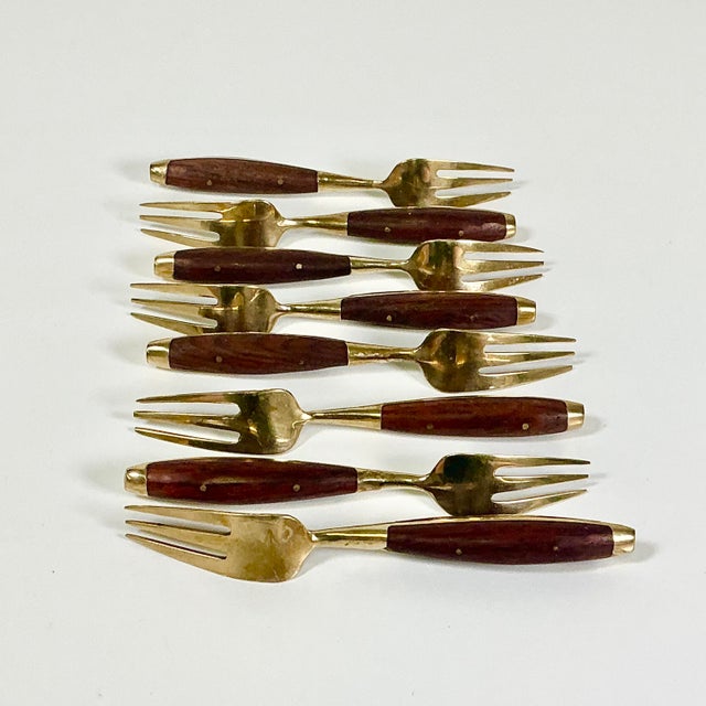 1950s Vintage Hollywood Regency Chinoiserie Appetizer-Dessert Brass & Rosewood Forks - Set of 8 For Sale - Image 10 of 10