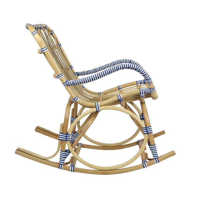 Matthew Izzo Home Cannes Tan, Blue, and White Rattan Rocking Chair For Sale - Image 4 of 7