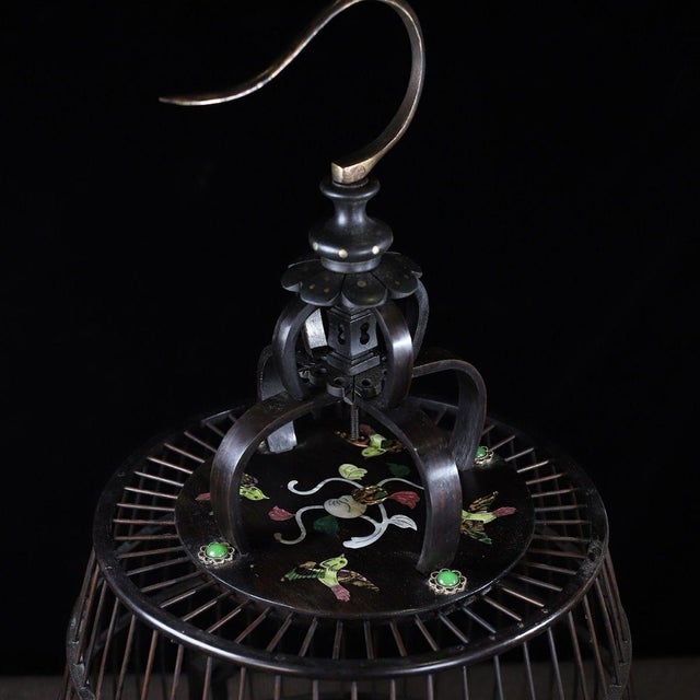 Vintage Hardwood Birdcage With Mother-of-Pearl Inlay and Porcelain Cups For Sale In Los Angeles - Image 6 of 9