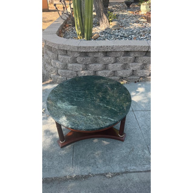 Vintage French Empire Neoclassical Style Mahogany Green Marble TopCoffee Table For Sale - Image 9 of 13