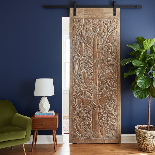Vintage Hand-Carved Tree of Life Barn Door – Rustic Reclaimed Wood Wall Panel 84x36 For Sale In Orlando - Image 6 of 6