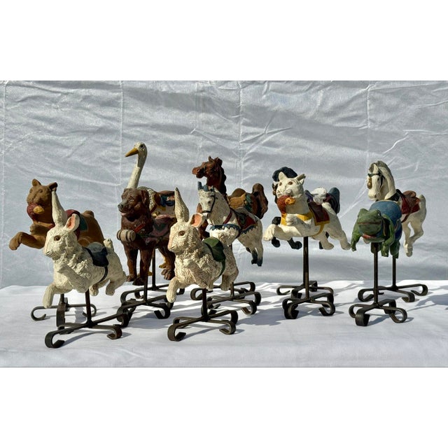 Vintage D. De La Ronde 1992 Carousel Set 12 Hand-Painted Animals Iron Stands For Sale - Image 4 of 8