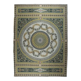 9x12 Vintage Aubusson Flat Weave Wool Rug, Green and Gold Empire Medallion For Sale