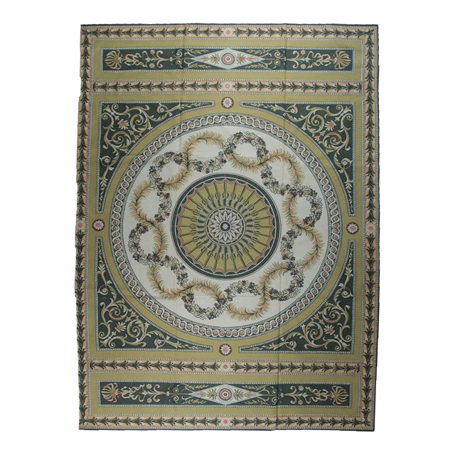 9x12 Vintage Aubusson Flat Weave Wool Rug, Green and Gold Empire Medallion For Sale