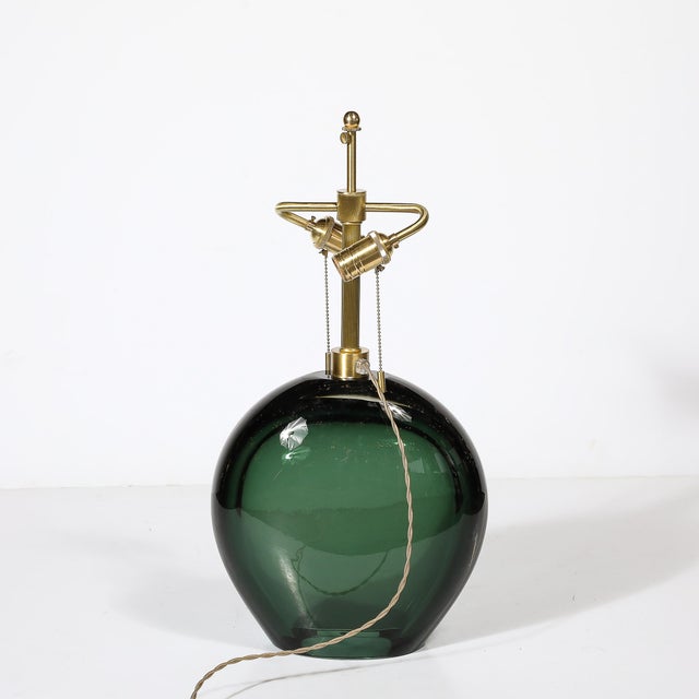 Modernist Handblown Smoked Viridian Green Murano Glass & Brass Table Lamps For Sale - Image 11 of 12