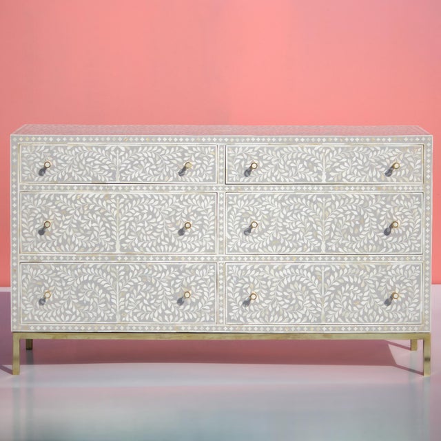 Wood Arabesque Bone Inlay Six-Drawer Dresser - Grey by House of Jaipur For Sale - Image 7 of 7