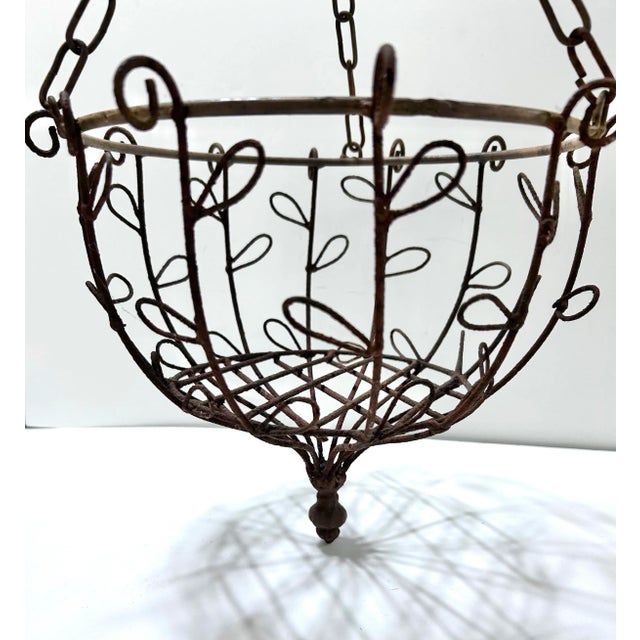 A substantial 1950s wrought iron hanging basket featuring curled scrollwork, petal and leaf detailing, and original chain...